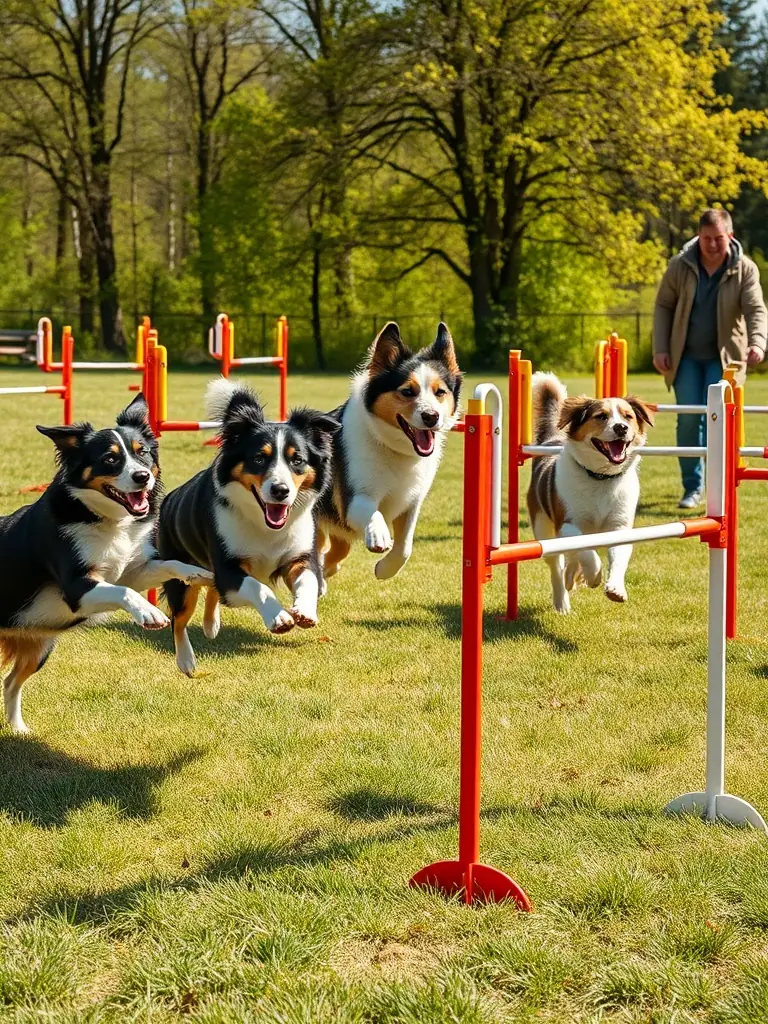 A photograph of dogs participating in an agility course, jumping over hurdles with handlers guiding them, set against a backdrop of a sunny, outdoor training field. The image captures the energy and excitement of agility training.