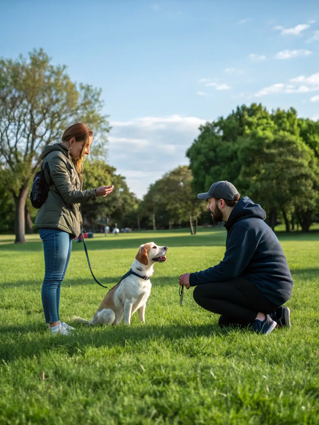 A trainer guiding a dog through basic commands in a well-lit training area with attentive handlers, showcasing obedience training.