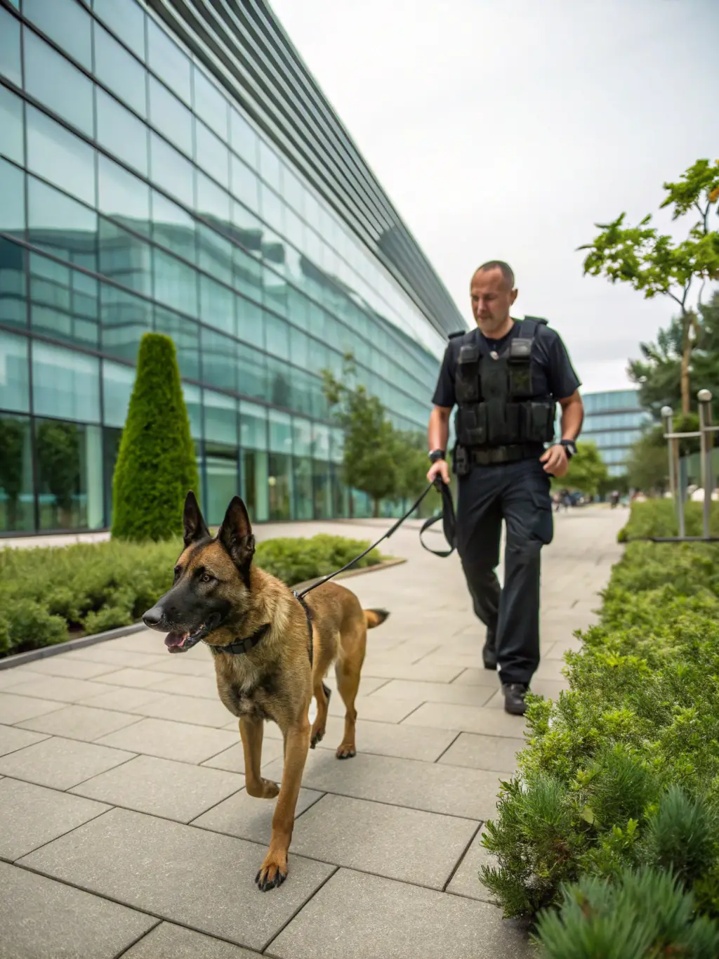 A photo of dogs participating in an obedience training session, showcasing dogs heeling perfectly beside their handlers in a controlled environment. The image emphasizes discipline and teamwork.