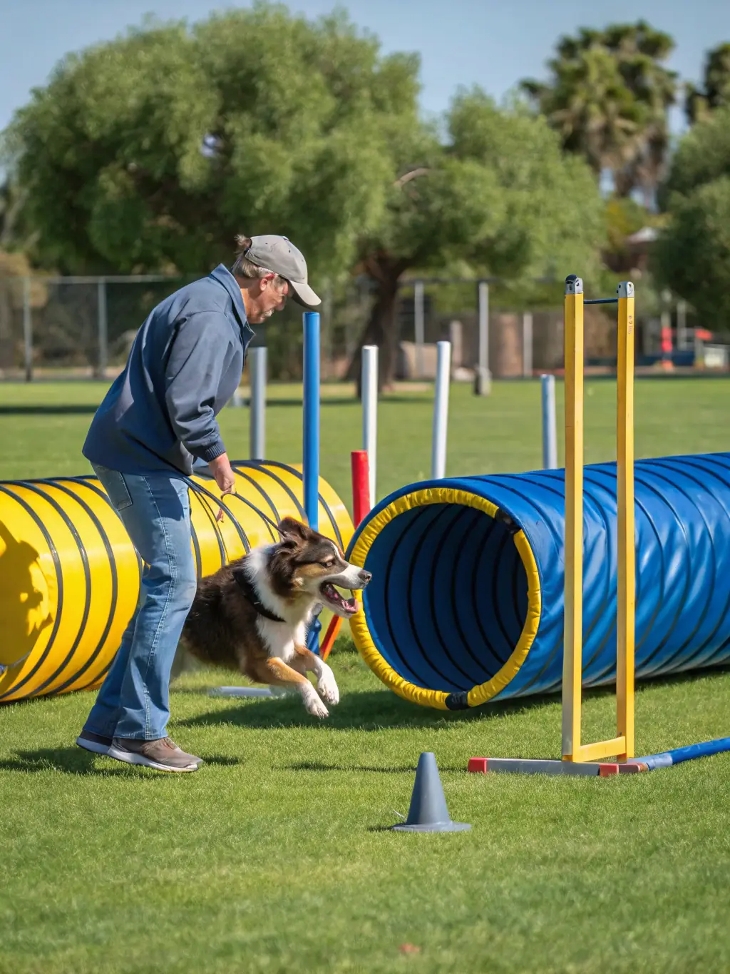 A dog navigating an obstacle course with a trainer encouraging from the side, highlighting the agility courses.