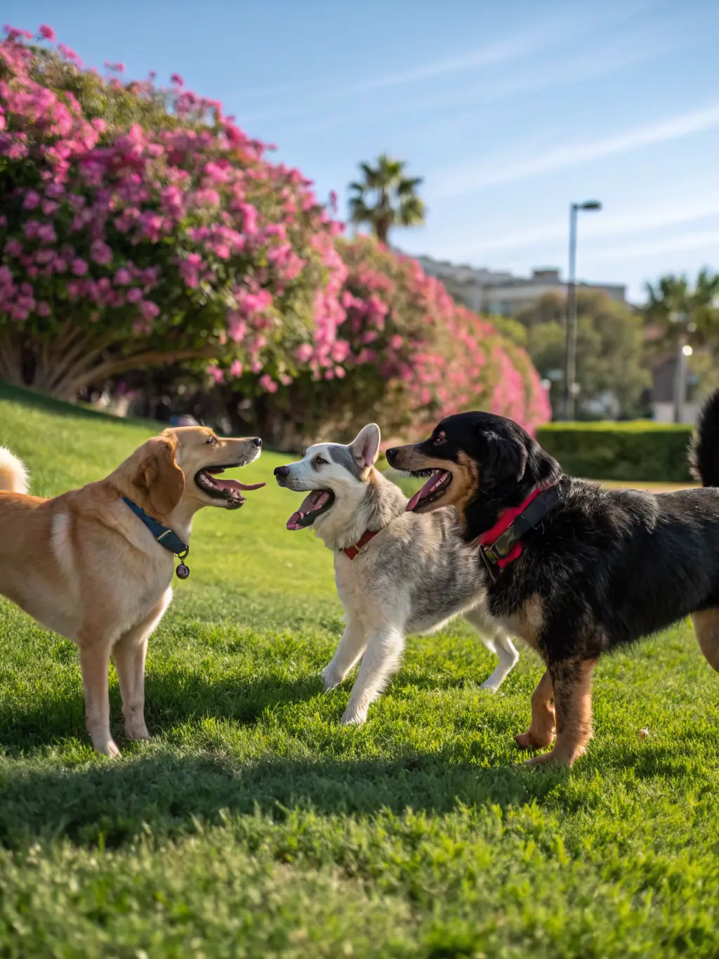 A photograph of dogs interacting positively with each other and their handlers during a social integration program, set in a park-like setting. The image highlights the importance of socialization.