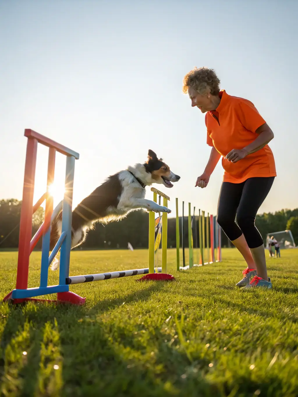A photograph of dogs and their handlers at a canine competition, showcasing the teamwork and skill involved in canine sports, with a focus on the energy and excitement of the event.