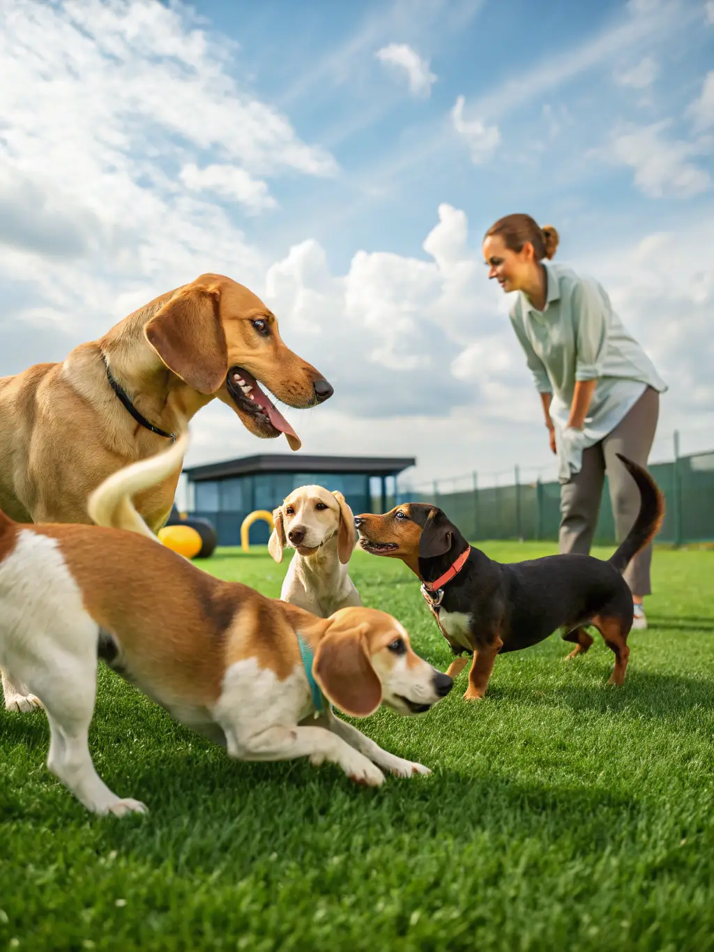 A group of dogs and handlers participating in a socialization session outdoors, demonstrating social integration programs.