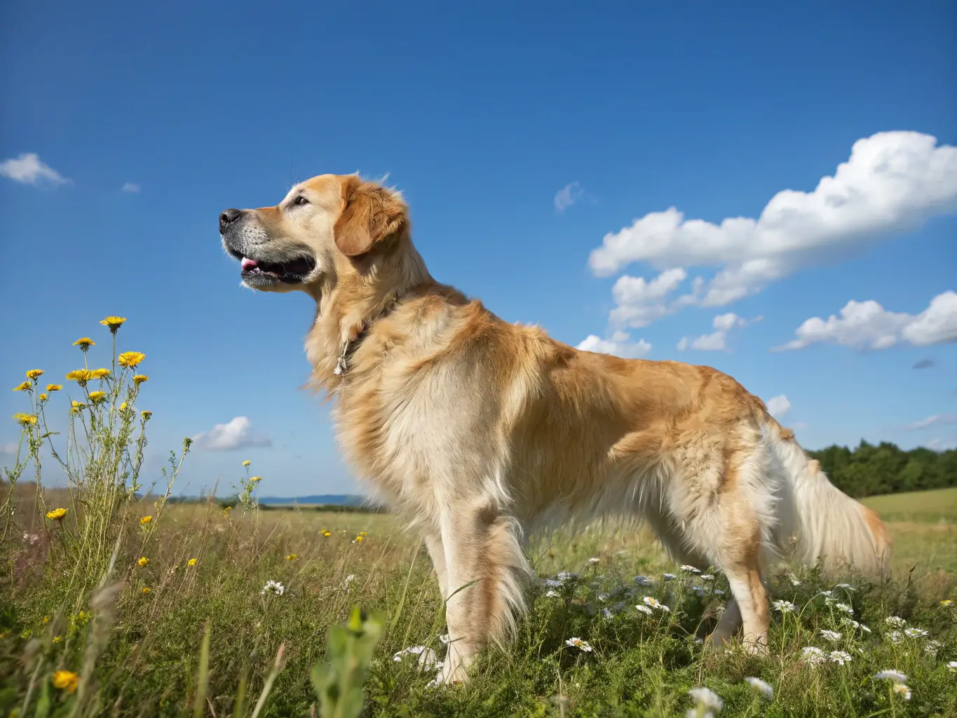 A golden retriever attentively sits during an obedience training session, with a trainer giving instructions in a sunny outdoor setting. The dog is focused and engaged, showcasing the positive reinforcement techniques used in the training.