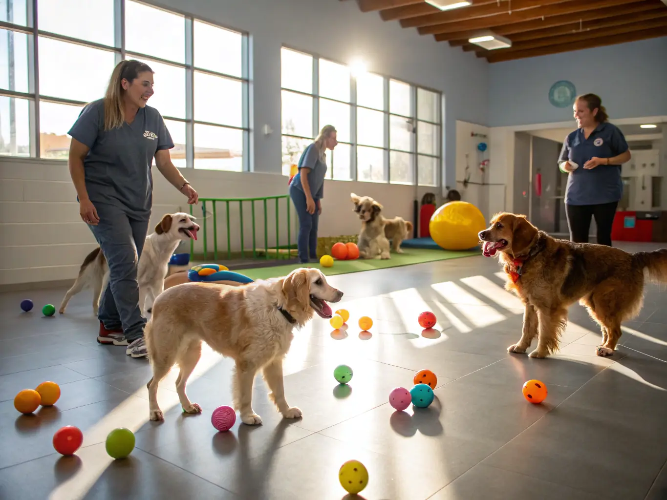 A group of dogs of various breeds interact calmly and positively in a controlled environment, supervised by trainers. The setting is a spacious indoor area with soft lighting, promoting a relaxed atmosphere.