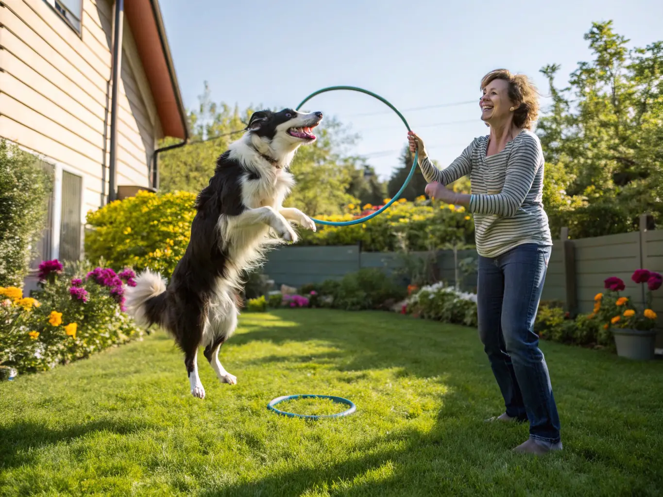 A border collie skillfully navigates through an agility course, jumping over hurdles and weaving through poles with speed and precision. The background shows a green field and supportive spectators.