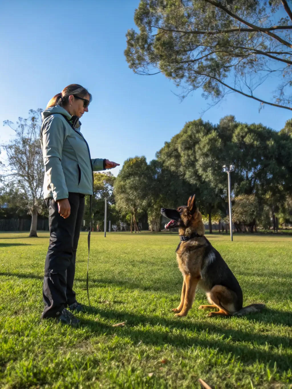 A close-up shot of a well-behaved dog sitting attentively during an obedience training session, with a focus on the dog's focused expression and the handler's gentle guidance.