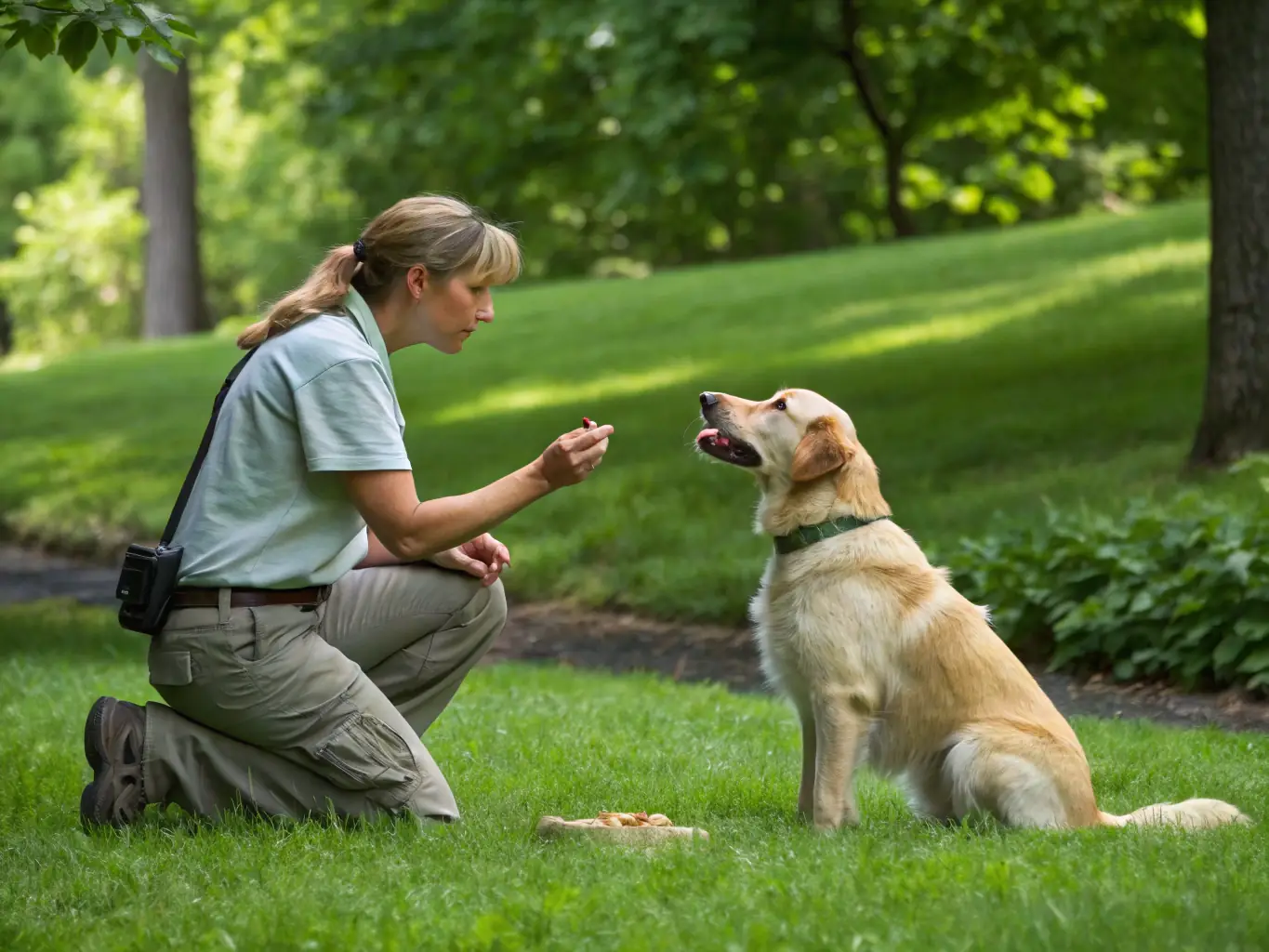 A photograph of a trainer guiding a dog through basic obedience commands, emphasizing the club's focus on essential training and good manners.